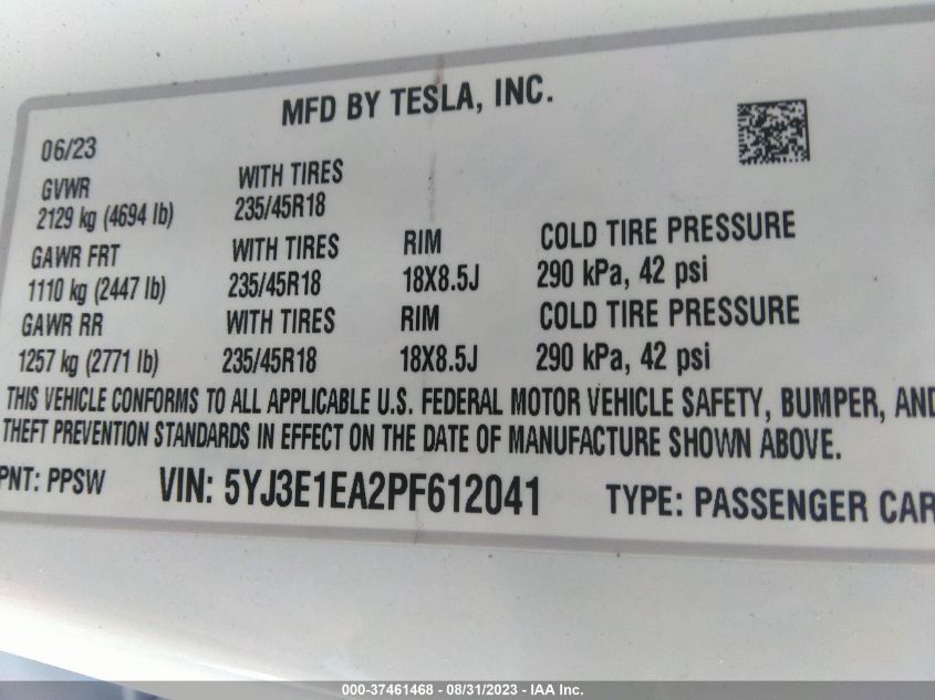 2023 TESLA MODEL 3 - 5YJ3E1EA2PF612041