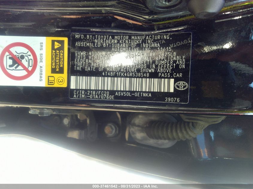 2016 TOYOTA CAMRY XLE/SE/LE/XSE - 4T4BF1FK4GR538548