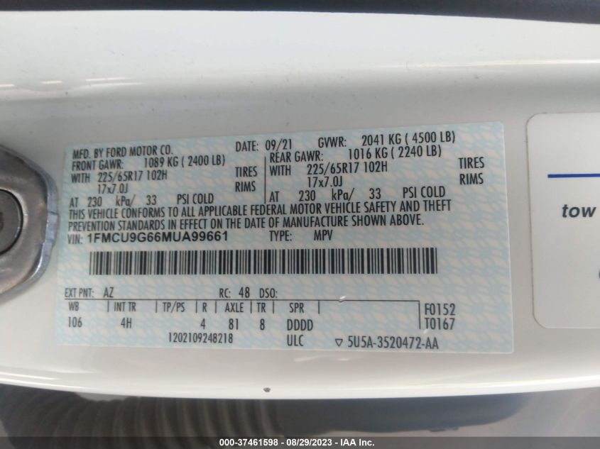 2021 FORD ESCAPE SE - 1FMCU9G66MUA99661