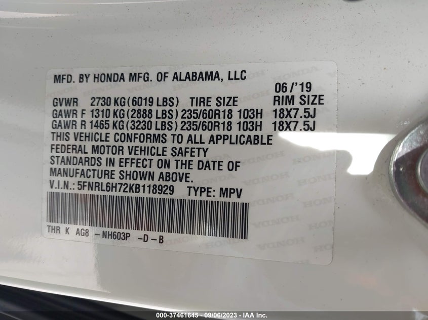 VIN 5FNRL6H72KB118929 2019 HONDA ODYSSEY EX-L