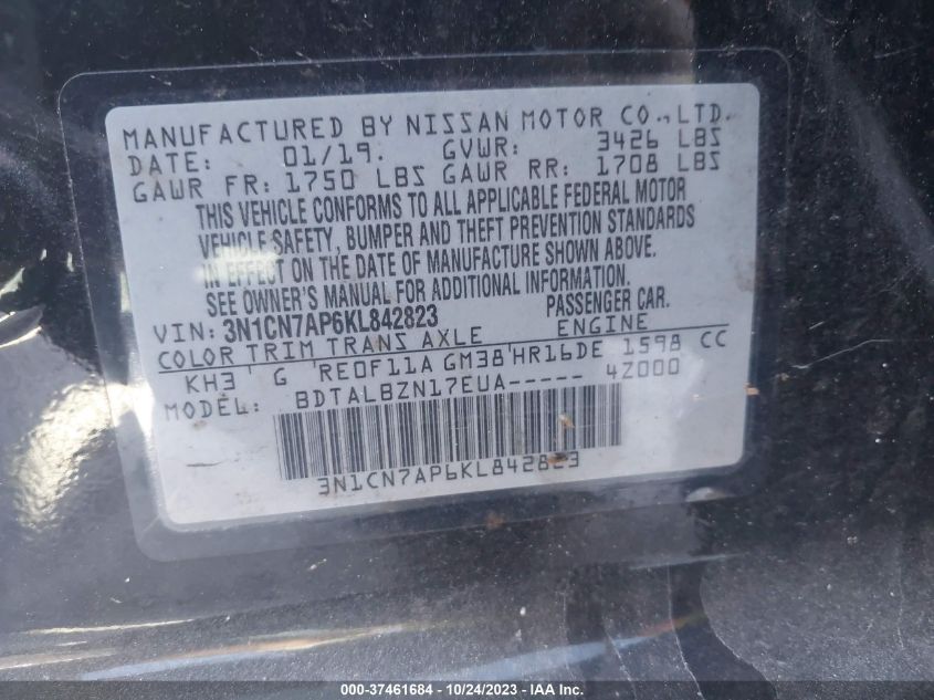 2019 NISSAN VERSA SEDAN SV 3N1CN7AP6KL842823