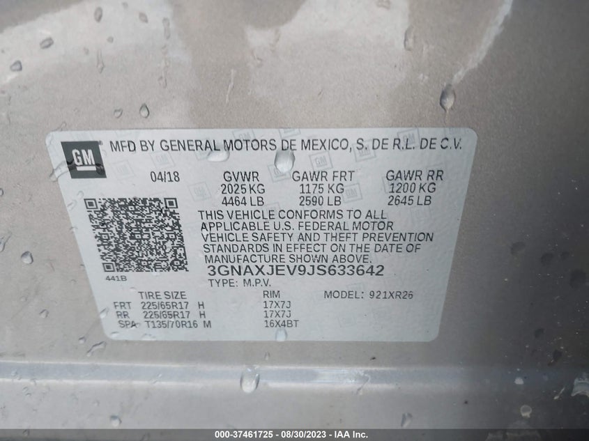 VIN 3GNAXJEV9JS633642 2018 CHEVROLET EQUINOX LT