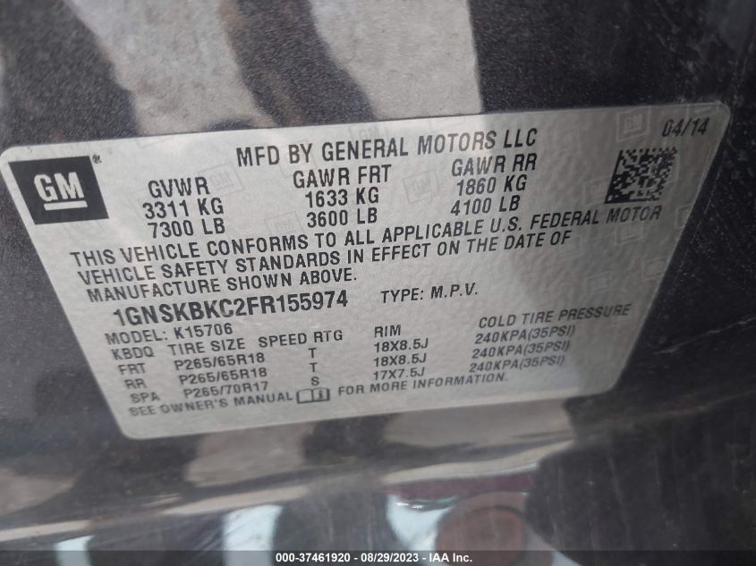 2015 CHEVROLET TAHOE LT - 1GNSKBKC2FR155974