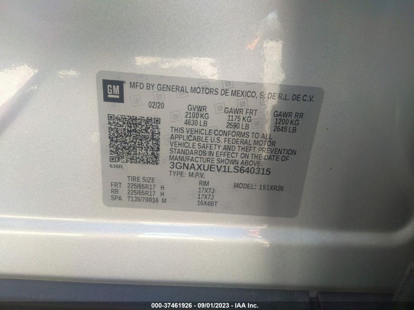 2020 CHEVROLET EQUINOX LT - 3GNAXUEV1LS640315