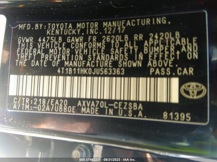 2018 TOYOTA CAMRY L/LE/XLE/SE/XSE - 4T1B11HK0JU563363