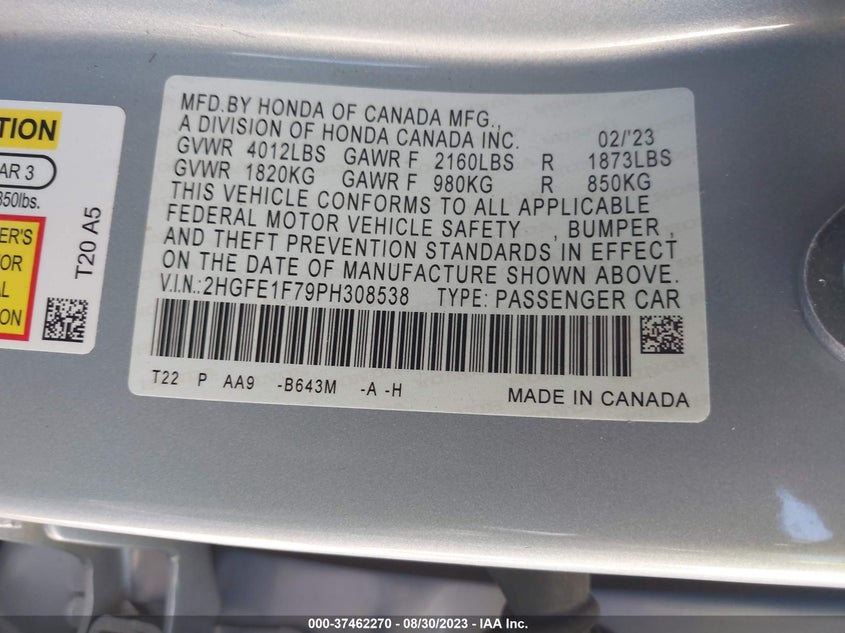 VIN 2HGFE1F79PH308538 2023 HONDA CIVIC SEDAN EX
