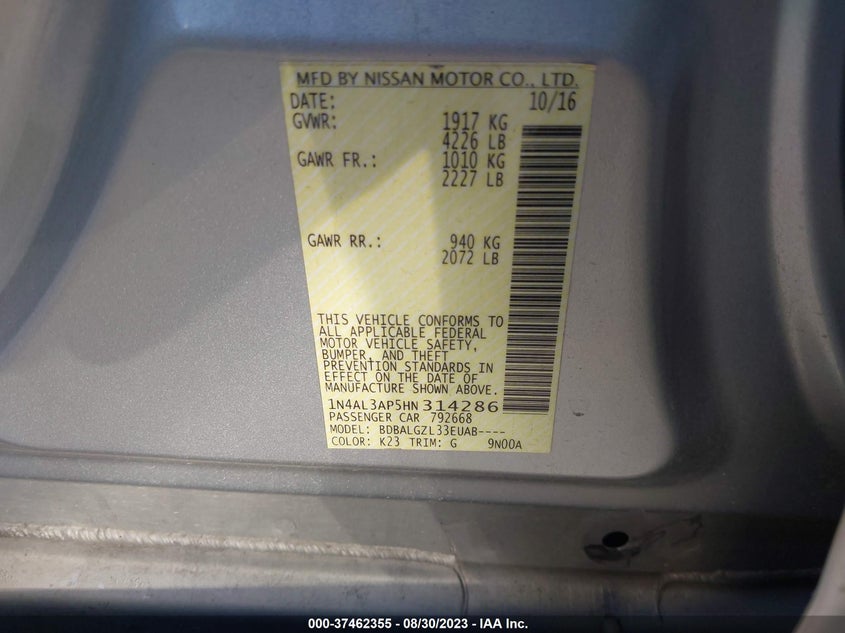 VIN 1N4AL3AP5HN314286 2017 NISSAN ALTIMA 2.5/S/SV/SL/SR