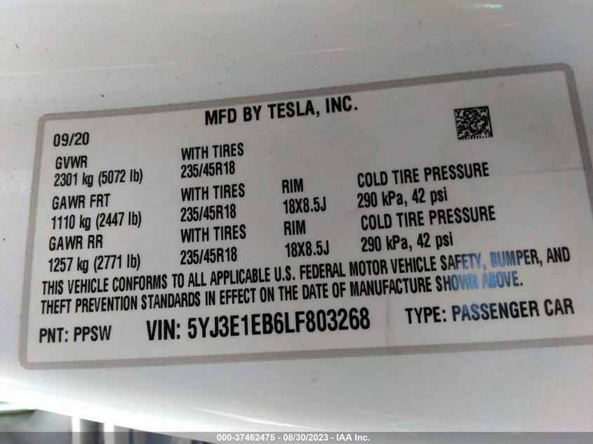 VIN 5YJ3E1EB6LF803268 2020 TESLA MODEL 3