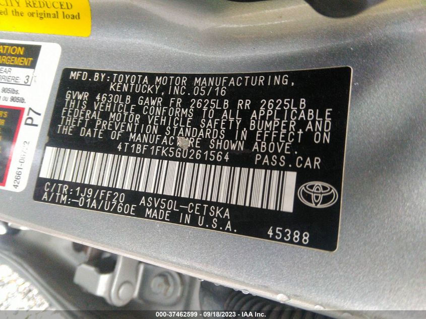 2016 TOYOTA CAMRY XLE/SE/LE/XSE - 4T1BF1FK5GU261564