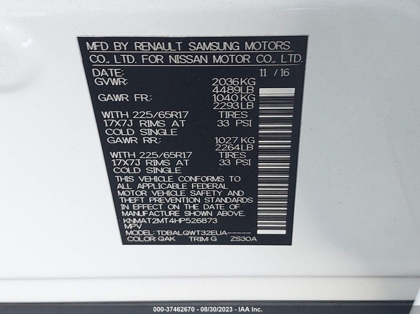 VIN KNMAT2MT4HP526873 2017 NISSAN ROGUE SV