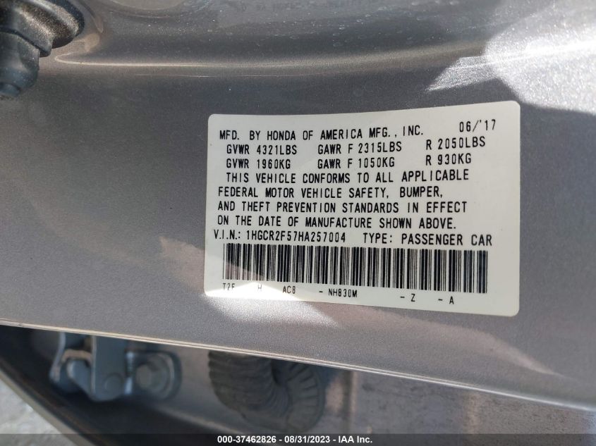 2017 HONDA ACCORD SEDAN SPORT - 1HGCR2F57HA257004