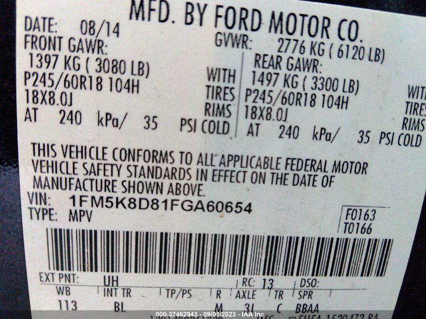 2015 FORD EXPLORER XLT - 1FM5K8D81FGA60654