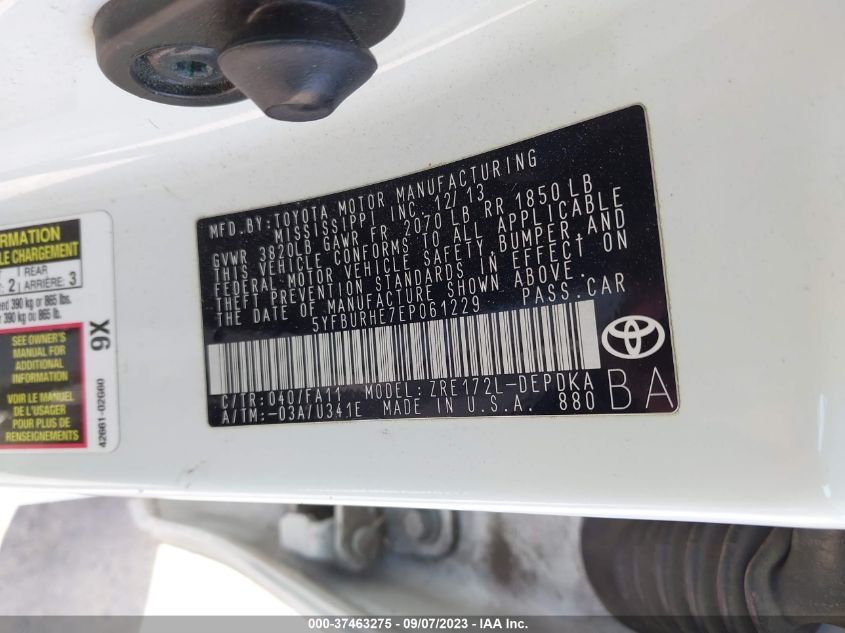 2014 TOYOTA COROLLA L/LE/LE PLS/PRM/S/S PLS - 5YFBURHE7EP061229