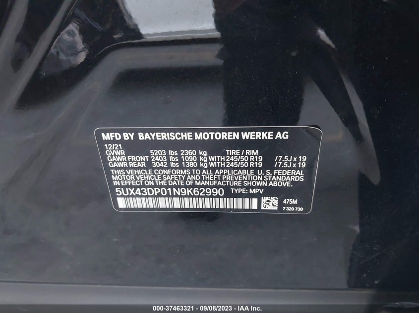 VIN 5UX43DP01N9K62990 2022 BMW X3 SDRIVE30I