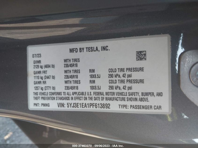 2023 TESLA MODEL 3 - 5YJ3E1EA1PF613892