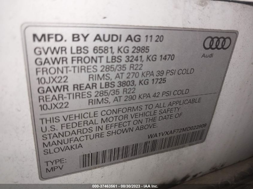 WA1VXAF72MD022909 Audi Q7 PRESTIGE 9