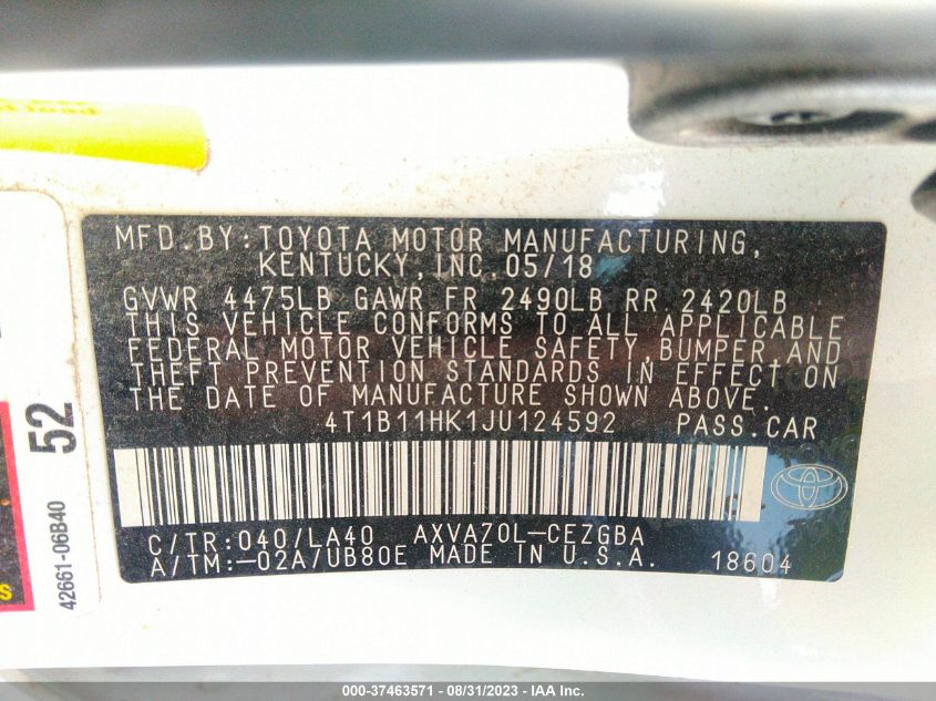2018 TOYOTA CAMRY LE/SE/XLE/L - 4T1B11HK1JU124592
