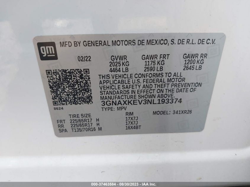 2022 CHEVROLET EQUINOX LT - 3GNAXKEV3NL193374