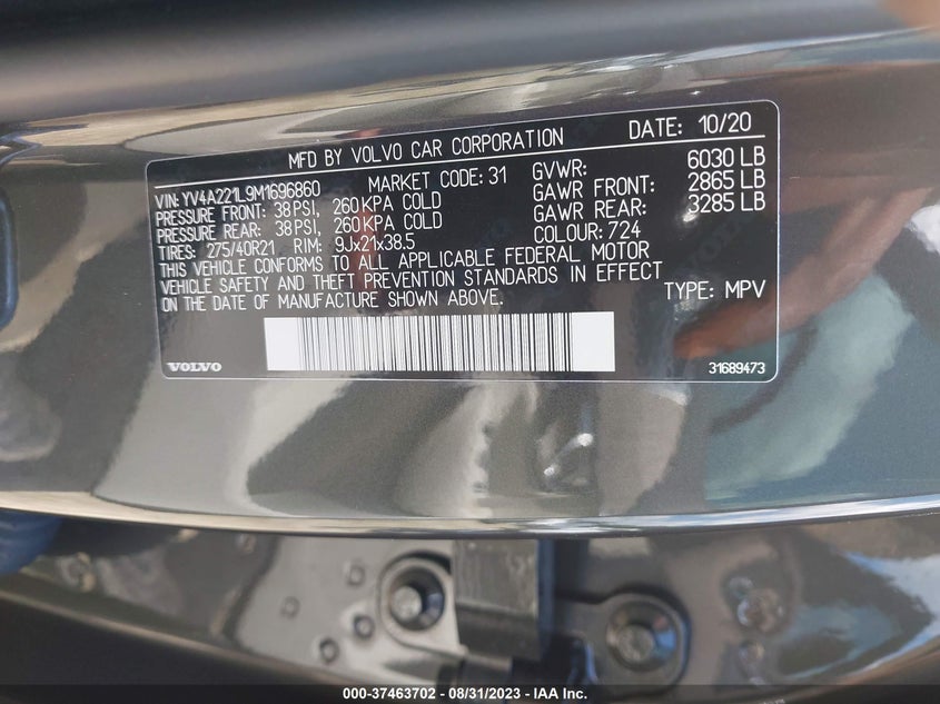 VIN YV4A221L9M1696860 2021 VOLVO XC90 INSCRIPTION