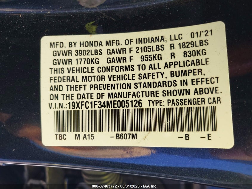 VIN 19XFC1F34ME005126 2021 HONDA CIVIC SEDAN EX