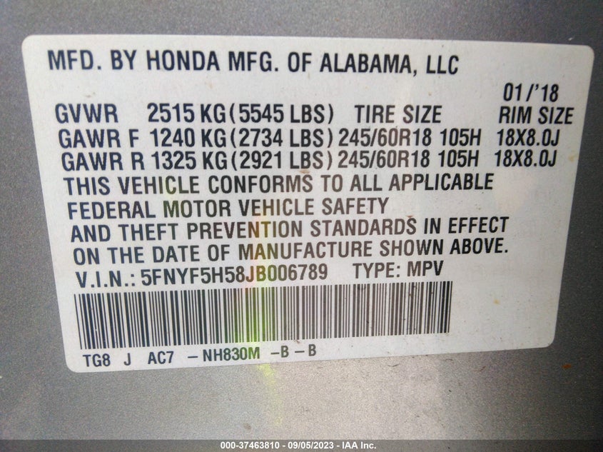 VIN 5FNYF5H58JB006789 2018 HONDA PILOT EX-L