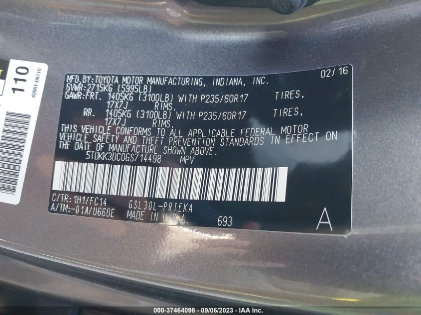 2016 TOYOTA SIENNA LE - 5TDKK3DC0GS714498