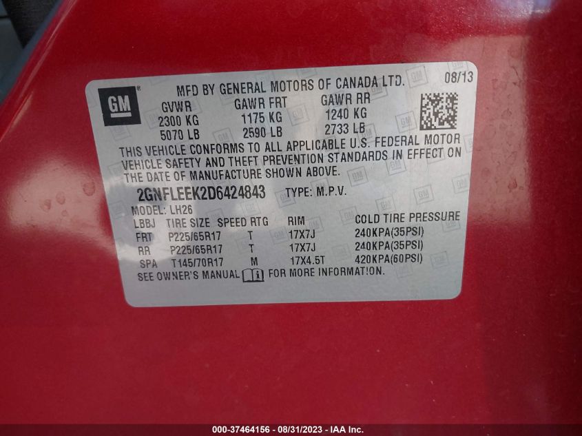 2013 CHEVROLET EQUINOX LT - 2GNFLEEK2D6424843