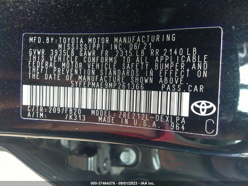 2021 TOYOTA COROLLA LE - 5YFEPMAE9MP261366