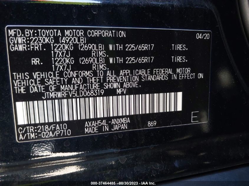 2020 TOYOTA RAV4 HYBRID XLE - JTMRWRFV5LD068319
