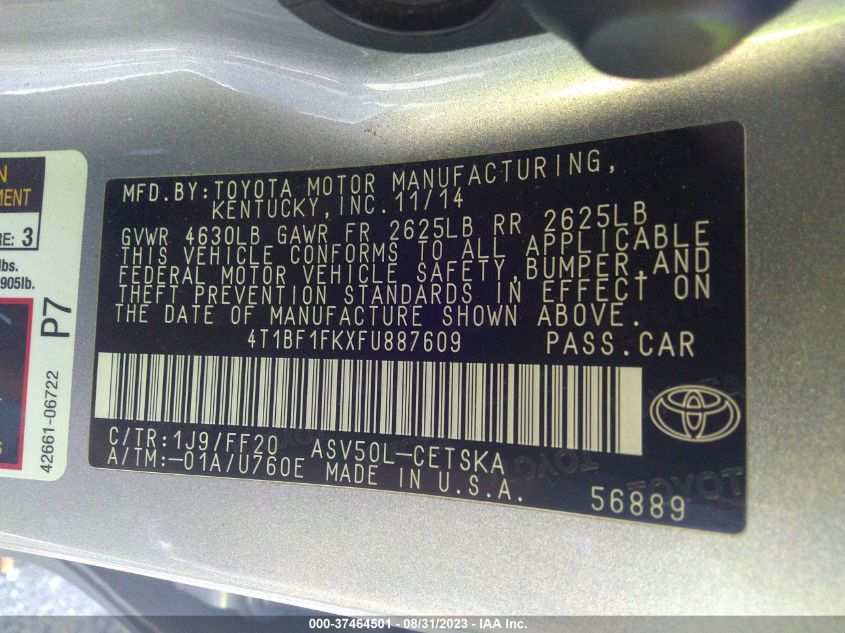 2015 TOYOTA CAMRY XLE/SE/LE/XSE - 4T1BF1FKXFU887609