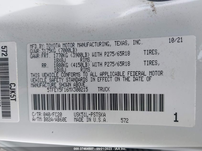 2021 TOYOTA TUNDRA 2WD SR5 5TFEY5F16MX300215