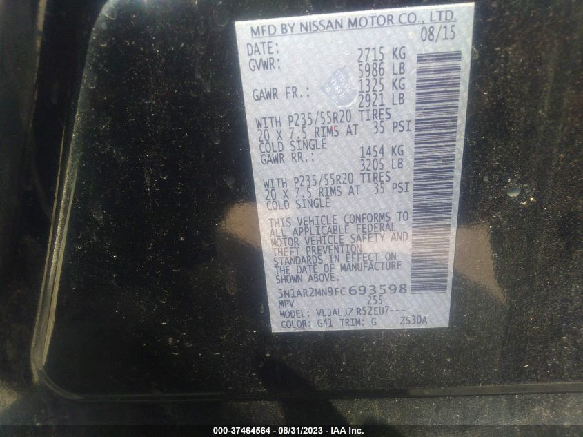 2015 NISSAN PATHFINDER PLATINUM - 5N1AR2MN9FC693598