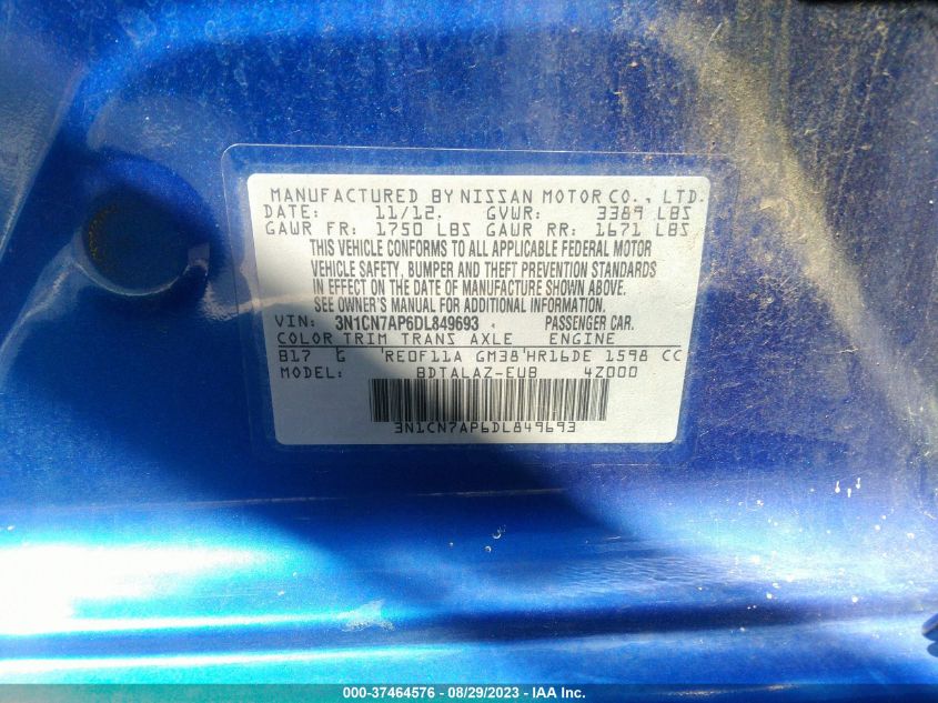 2013 NISSAN VERSA S PLUS - 3N1CN7AP6DL849693