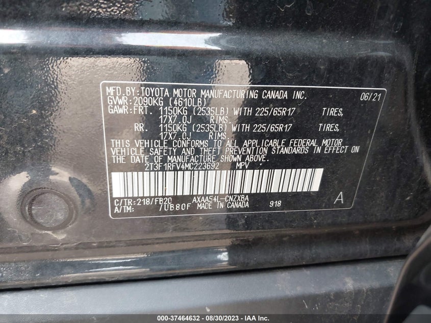 VIN 2T3F1RFV4MC223692 2021 TOYOTA RAV4 LE