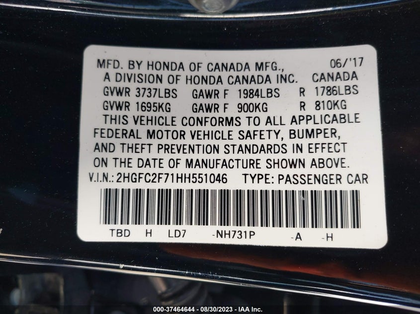 VIN 2HGFC2F71HH551046 2017 HONDA CIVIC SEDAN EX