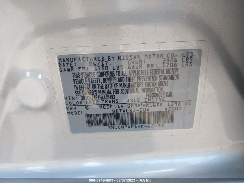 2017 NISSAN VERSA SEDAN SV - 3N1CN7AP1HK465493