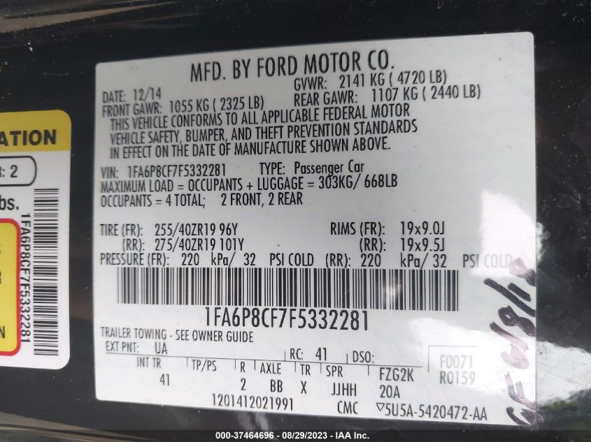 2015 FORD MUSTANG GT - 1FA6P8CF7F5332281