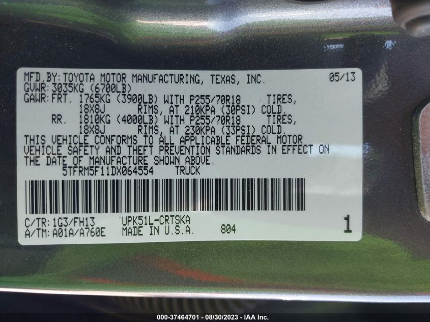 2013 TOYOTA TUNDRA 2WD TRUCK 5TFRM5F11DX064554