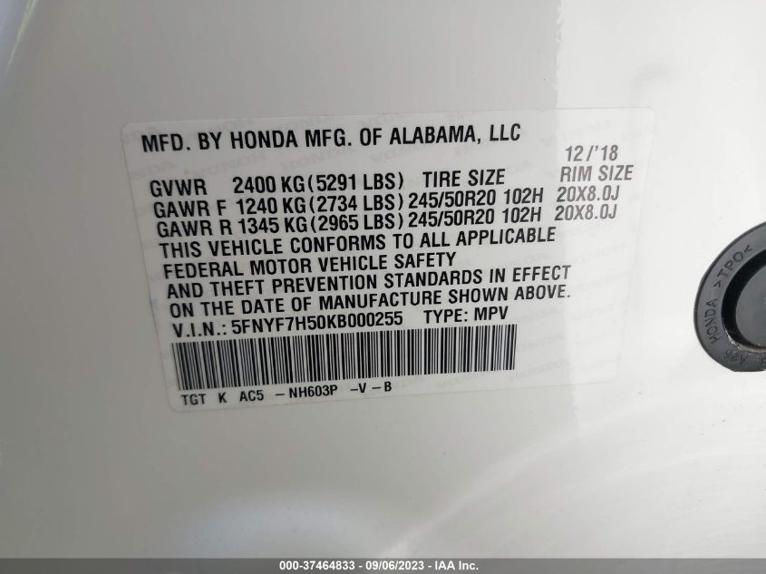 2019 HONDA PASSPORT EX-L 5FNYF7H50KB000255