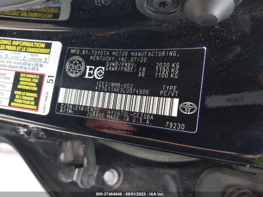 2020 TOYOTA CAMRY SE - 4T1G11AK3LU974906