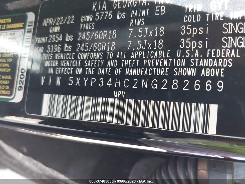 VIN 5XYP34HC2NG282669 2022 KIA TELLURIDE EX