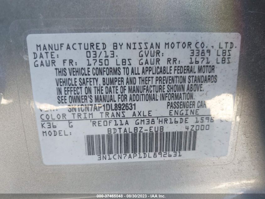 2013 NISSAN VERSA SV - 3N1CN7AP1DL892631