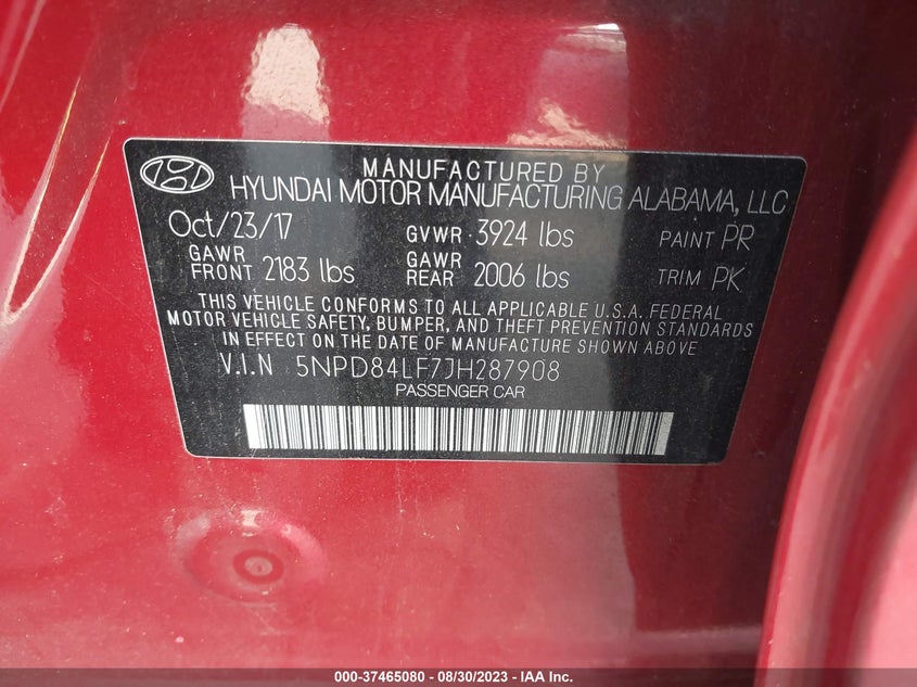 VIN 5NPD84LF7JH287908 2018 HYUNDAI ELANTRA SEL
