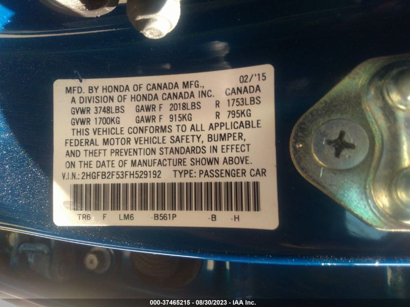 2015 HONDA CIVIC SEDAN LX - 2HGFB2F53FH529192