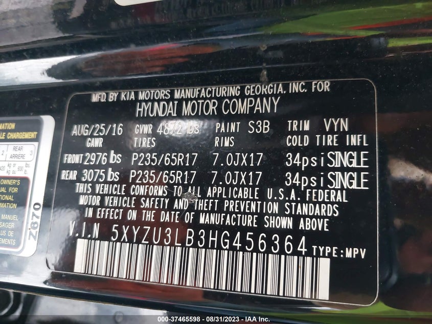 VIN 5XYZU3LB3HG456364 2017 HYUNDAI SANTA FE SPORT 2.4L