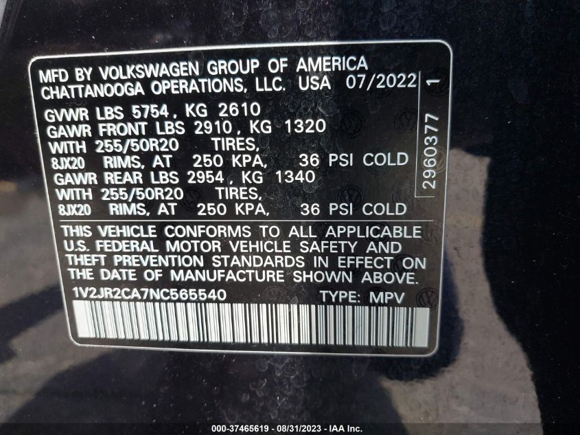 2022 VOLKSWAGEN ATLAS 3.6L V6 SE W/TECHNOLOGY - 1V2JR2CA7NC565540