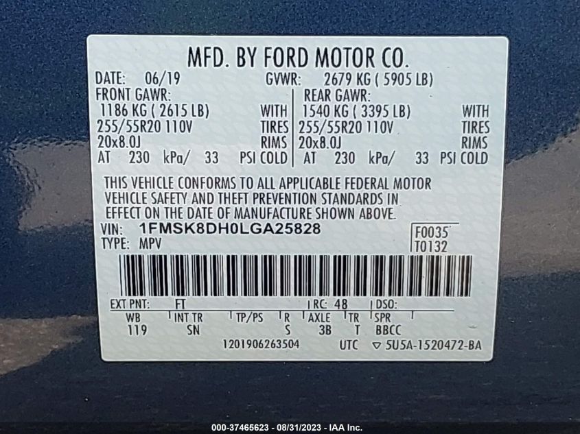 2020 FORD EXPLORER XLT - 1FMSK8DH0LGA25828