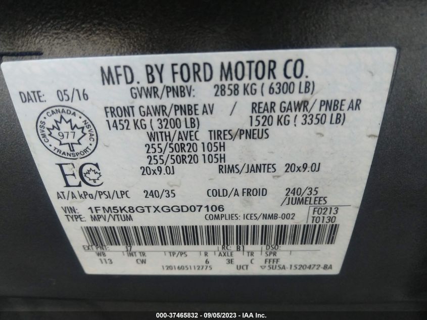 2016 FORD EXPLORER SPORT - 1FM5K8GTXGGD07106