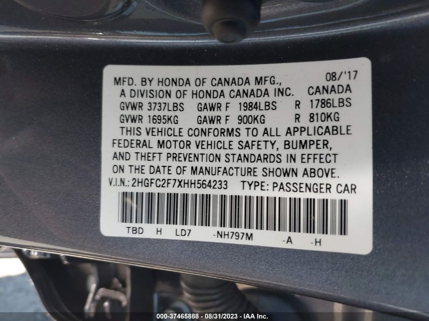 2017 HONDA CIVIC SEDAN EX - 2HGFC2F7XHH564233