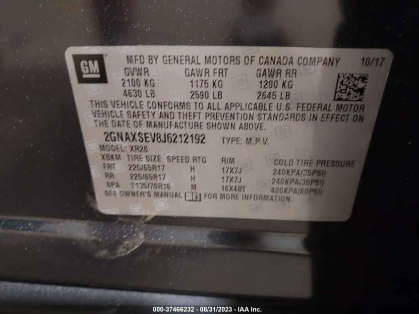 2018 CHEVROLET EQUINOX LT - 2GNAXSEV8J6212192